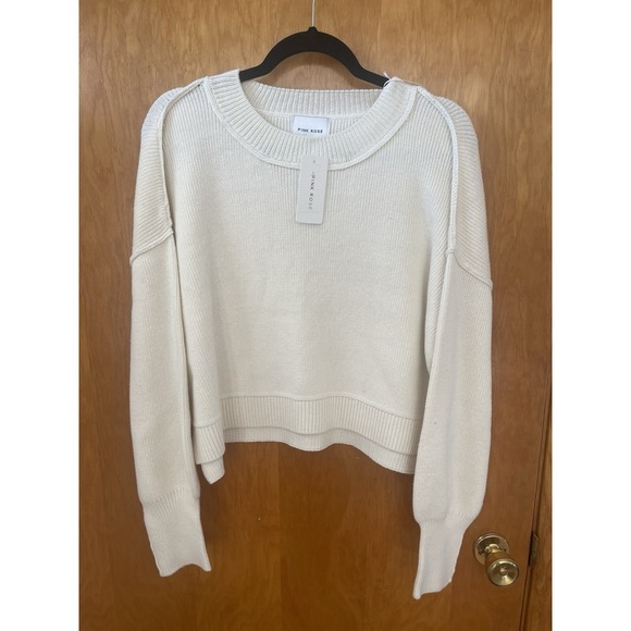 Pink Rose Cream Knit Sweater Women Medium NWT Cotton Blend Cropped Pullover - Picture 2 of 6